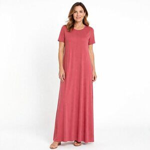 Eileen Fisher Coral Pink Tencel Jersey Maxi Dress L Boho Lagenlook Quiet Luxury